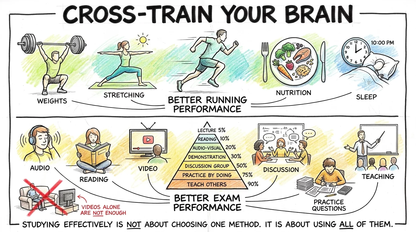 Cross-training comparison showing running with weights stretching and nutrition above and study methods surrounding a pyramid below