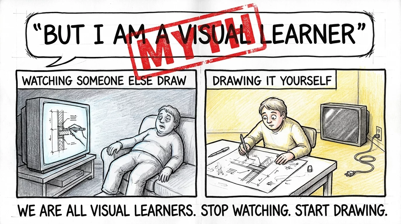 Visual learner myth stamped with a red MYTH label comparing watching someone else draw to drawing diagrams yourself