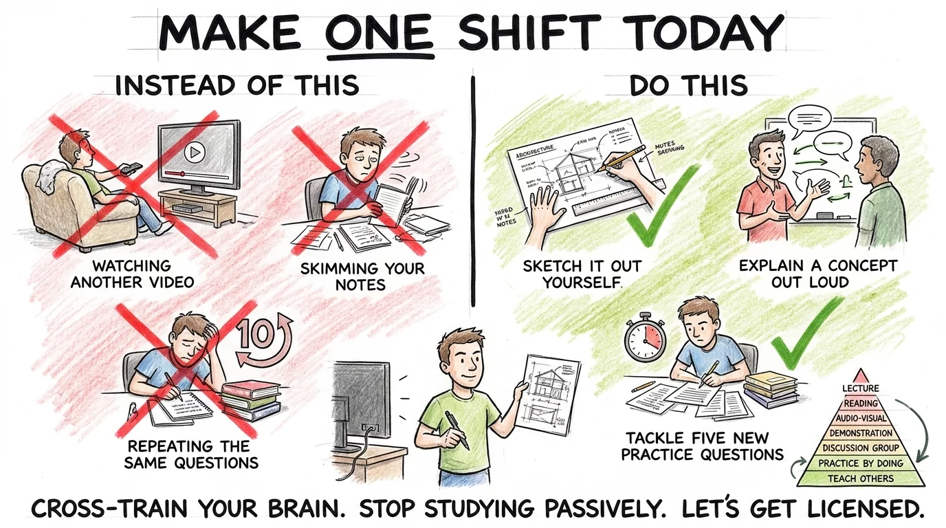 Study challenge comparing passive habits crossed out on the left to active alternatives like sketching and explaining on the right