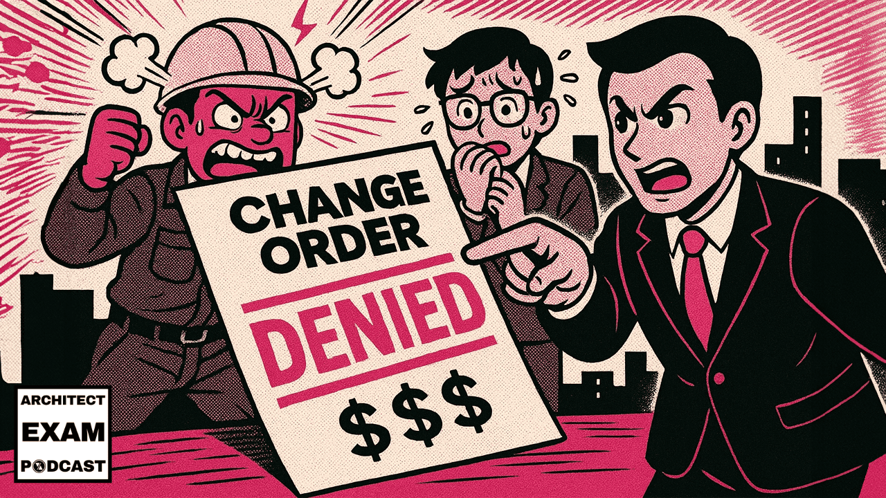 Cartoon contractor angrily reacts as a change order is denied, while professionals argue over costs, symbolizing construction claims and disputes.