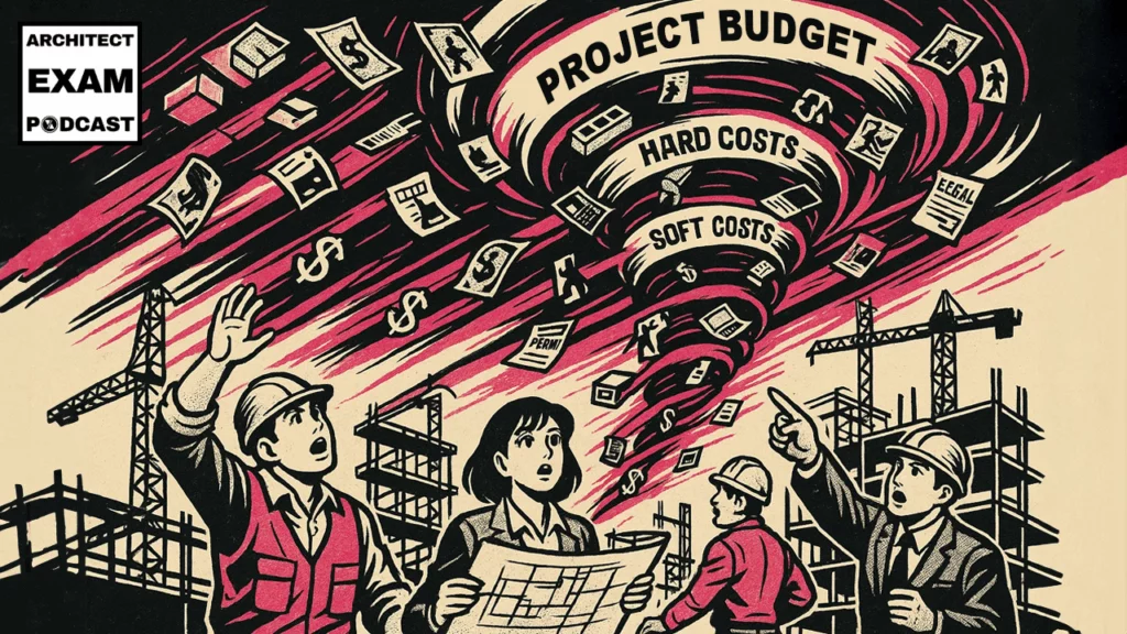 Architects and builders watch in shock as a tornado labeled “Project Budget” pulls in money and documents, highlighting the chaos of hard costs vs soft costs.