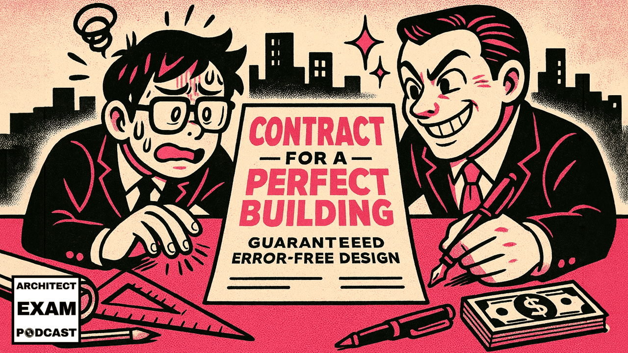 Architect panics while signing a flashy contract for a “perfect building,” illustrating unrealistic expectations about the architect’s standard of care.