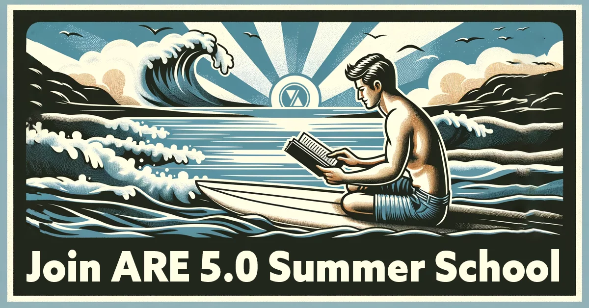 Man studying on a surfboard at sunrise with ocean waves behind him, promoting ARE Summer School for architect registration exam study materials.