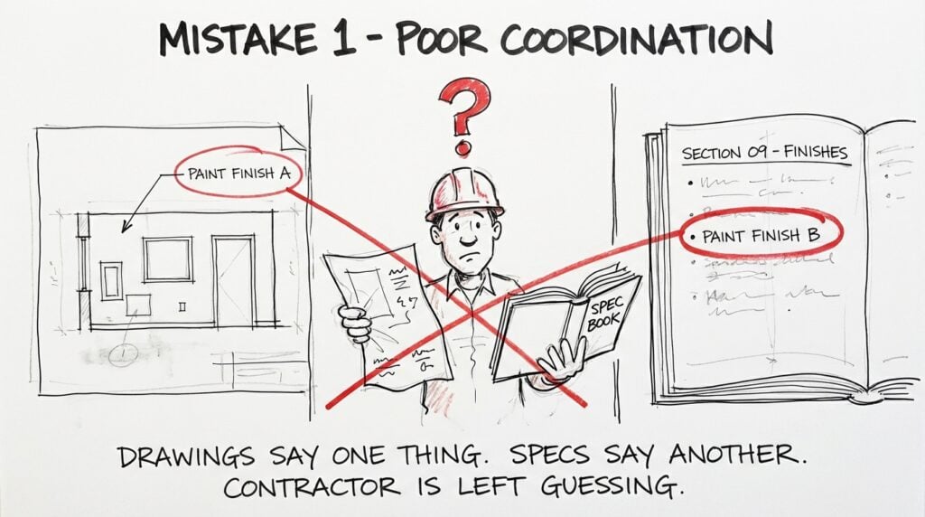 Hand-drawn sketch showing a common architectural specification writing error where construction specifications and drawings conflict, leaving a contractor guessing between two different paint finishes on the same project.