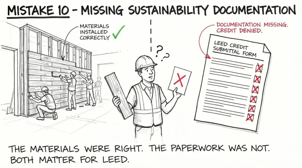 Hand-drawn scene showing recycled content materials installed correctly on a LEED project but submittal forms left empty, a construction specification writing error that costs certification credits despite correct installation.