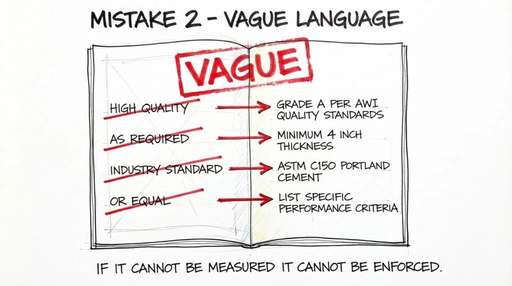 Hand-drawn spec book showing how vague architectural specification writing language like high quality and as required must be replaced with measurable criteria like ASTM standards and specific dimensions to produce enforceable construction specifications.