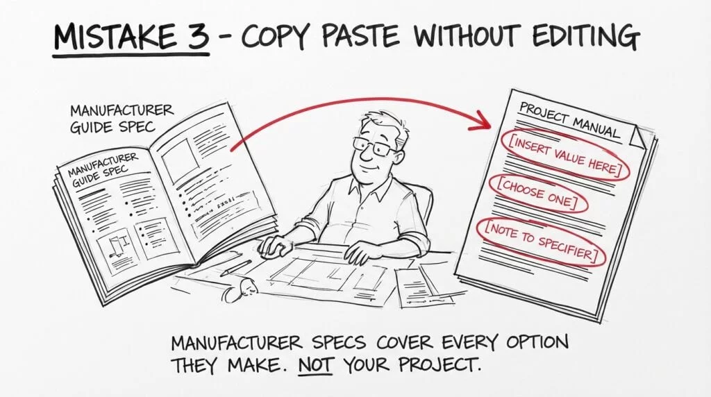 Hand-drawn sketch showing an architect copying manufacturer guide specs directly into a project manual, leaving unedited placeholder text that creates costly problems in architectural specification writing and construction administration.