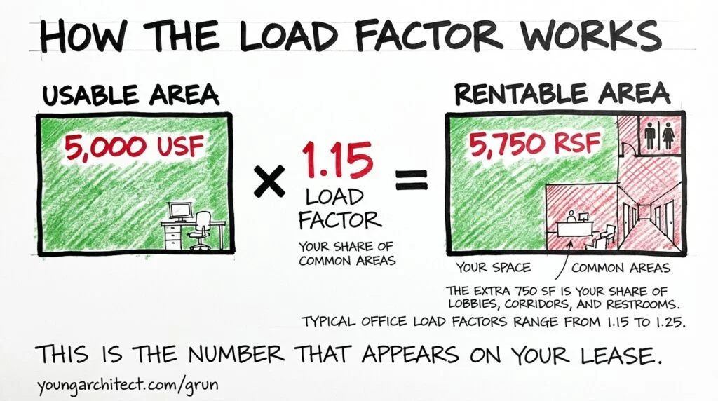 Sketch showing how the load factor in real estate works by multiplying 5000 usable square feet by a 1.15 load factor to get 5750 rentable square footage including common areas. 