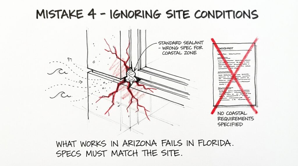 Hand-drawn construction detail showing sealant failure on a coastal project caused by architectural specifications that ignored site-specific environmental conditions, one of the most expensive specification writing errors in practice.