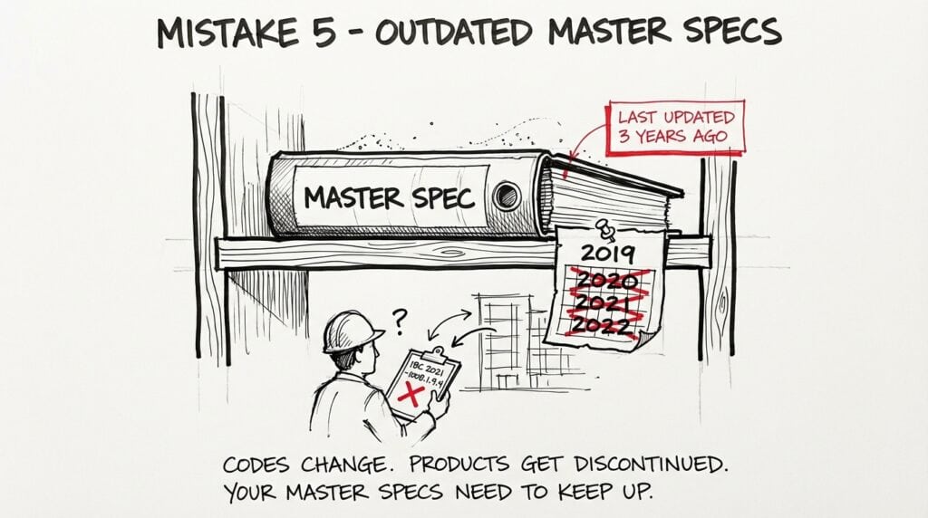 Hand-drawn sketch of an outdated master spec binder showing how stale construction specifications lead to code non-compliance, a critical spec writing error that causes costly field corrections.