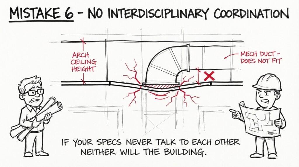 Hand-drawn building section showing mechanical ductwork that does not fit the architectural ceiling height, a common result of poor coordination between architectural specifications and MEP project specifications.