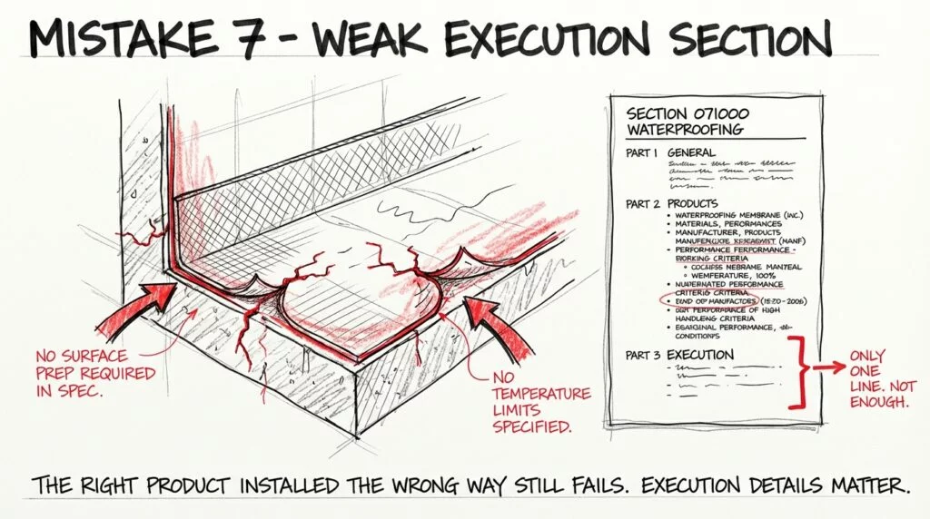 Hand-drawn detail of a failing waterproofing membrane next to a construction specification with a nearly empty Part 3 Execution section, showing how weak spec writing in installation requirements causes field failures.