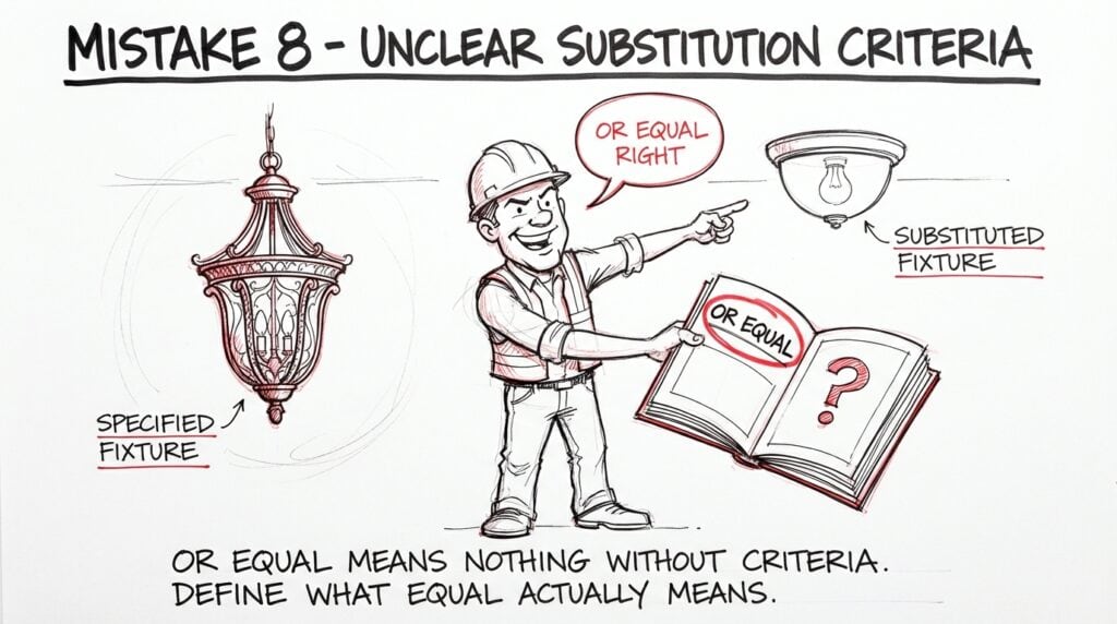 Hand-drawn sketch showing a contractor substituting a cheaper light fixture by exploiting vague or equal language in an architectural specification that has no defined performance criteria, a common construction spec writing error.