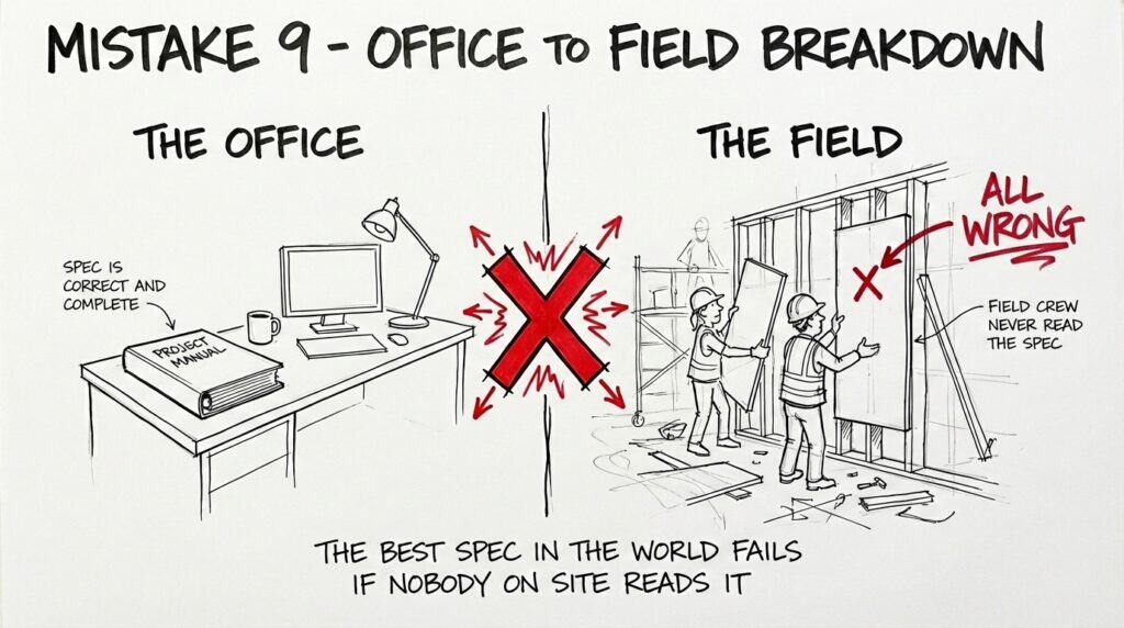 Hand-drawn split scene showing a complete project manual sitting unused in an office while field crews install a wall system incorrectly, illustrating how architectural specification writing fails without proper communication to the field.