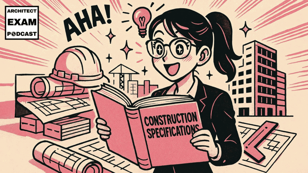 Excited architect has an “aha” moment while reading a construction specifications book, symbolizing clarity in understanding MasterFormat for the ARE.