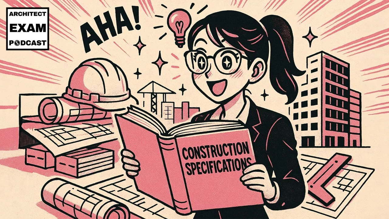 Excited architect has an “aha” moment while reading a construction specifications book, symbolizing clarity in understanding MasterFormat for the ARE.