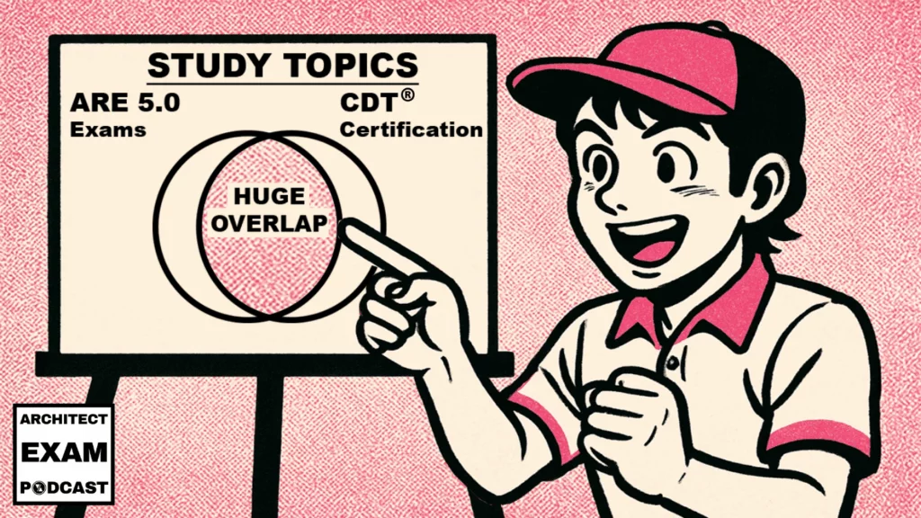 Architect Michael Riscica points to a Venn diagram showing a huge overlap between ARE Exam study topics and CDT Certification content to an audience of ARE Candidates.