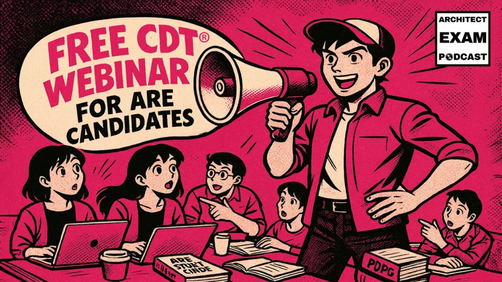 ARE Study Coach announces a free CDT webinar to a group of ARE candidates studying with laptops and spec books.
