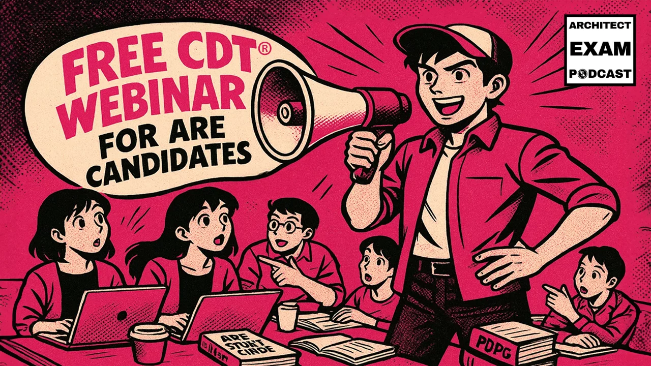 ARE Study Coach announces a free CDT webinar to a group of ARE candidates studying with laptops and spec books.