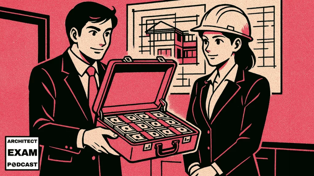 Architect in a hard hat accepts a briefcase full of money from a suited client in front of project drawings, representing how architect fees and contractor payments vary.