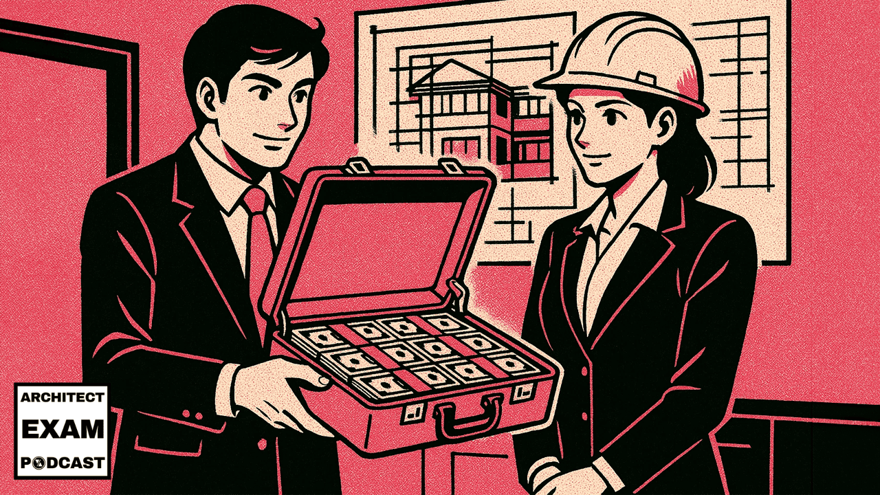 Architect in a hard hat accepts a briefcase full of money from a suited client in front of project drawings, representing how architect fees and contractor payments vary.