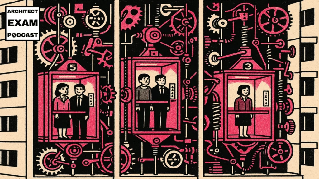 Three elevator cabs with exposed gears and shafts highlight different types of elevators, elevator design, and elevator systems.