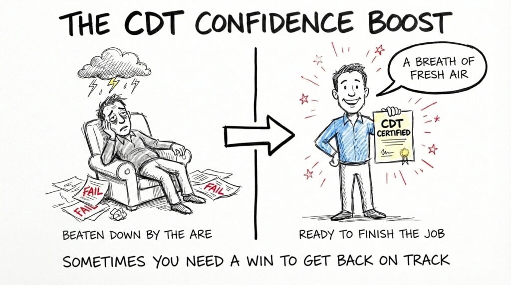 Sketch showing an ARE candidate beaten down by failed exams on the left, then standing tall holding a Construction Documents Technologist certificate on the right, illustrating the confidence boost of CDT certification. 