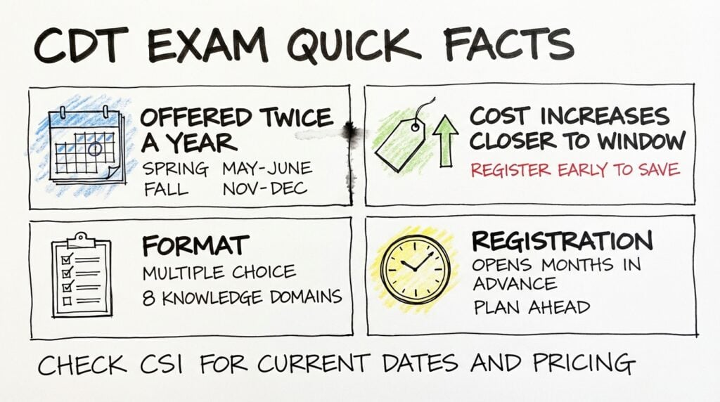 Sketch showing CDT exam quick facts including twice a year testing windows, early registration to save on CDT certification cost, multiple choice format, and advance registration timeline. 