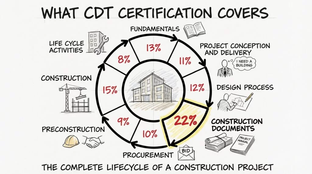 Sketch showing the 8 CSI CDT certification exam domains in a circular lifecycle diagram with percentage weights, highlighting Construction Documents at 22% as the heaviest domain. 