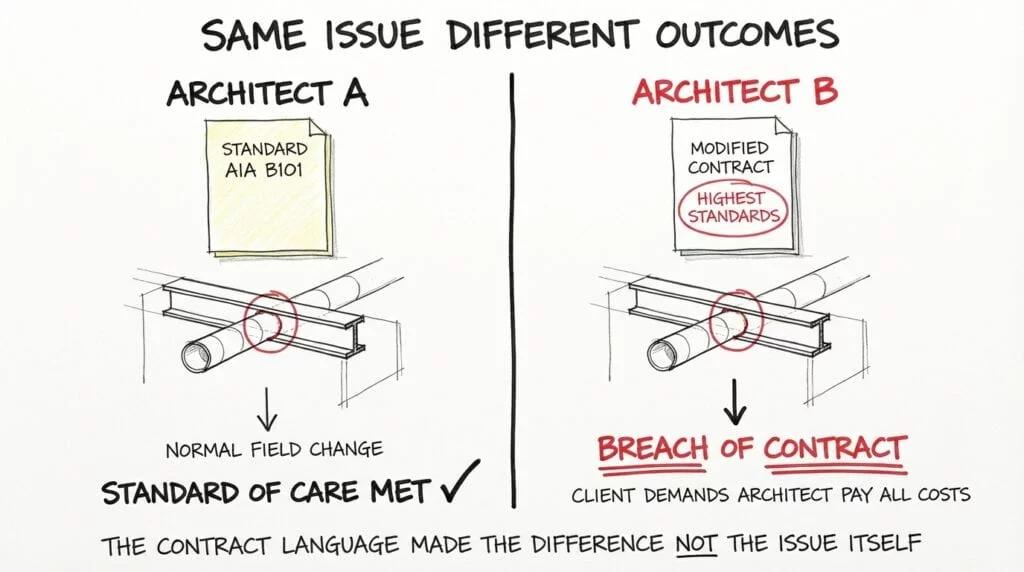 Sketch comparing Architect A using standard AIA B101 language who meets standard of care versus Architect B with modified contract language who faces a breach claim for the same issue. 