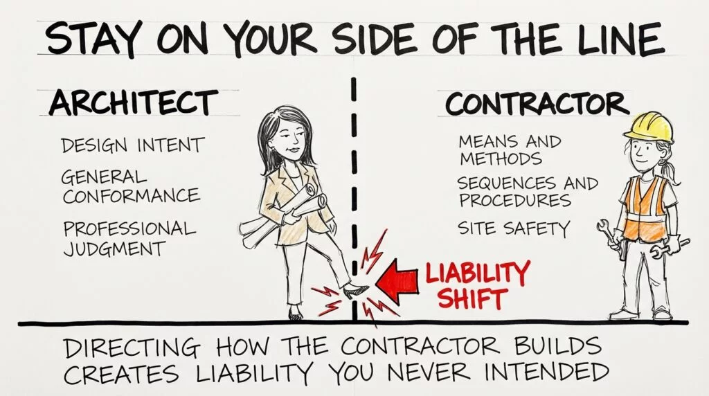 Sketch showing the boundary between architect and contractor responsibilities, with an architect crossing into means and methods territory creating a liability shift. 