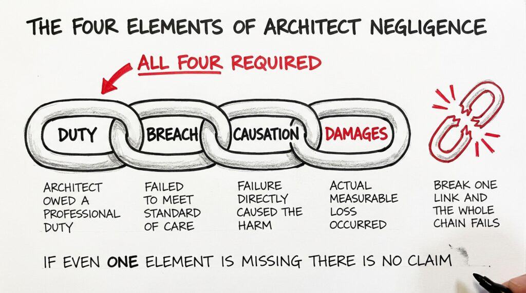 Sketch of four chain links showing the elements of architect negligence: duty, breach, causation, and damages, with a broken link showing that missing one means no claim. 