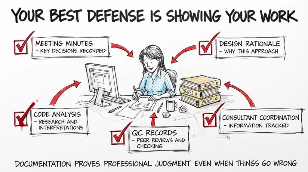 Sketch of an architect surrounded by documentation types like meeting minutes, code analysis, and QC records that demonstrate architect standard of care compliance. 