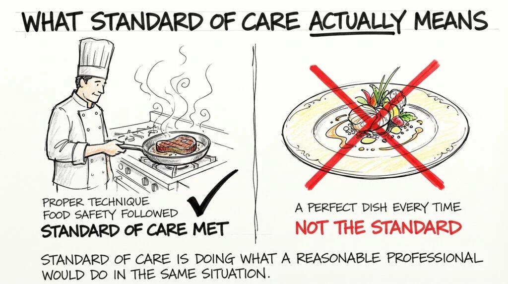 Sketch illustrating the architect standard of care as a chef using proper technique, showing that reasonable competence is the standard, not perfection. 