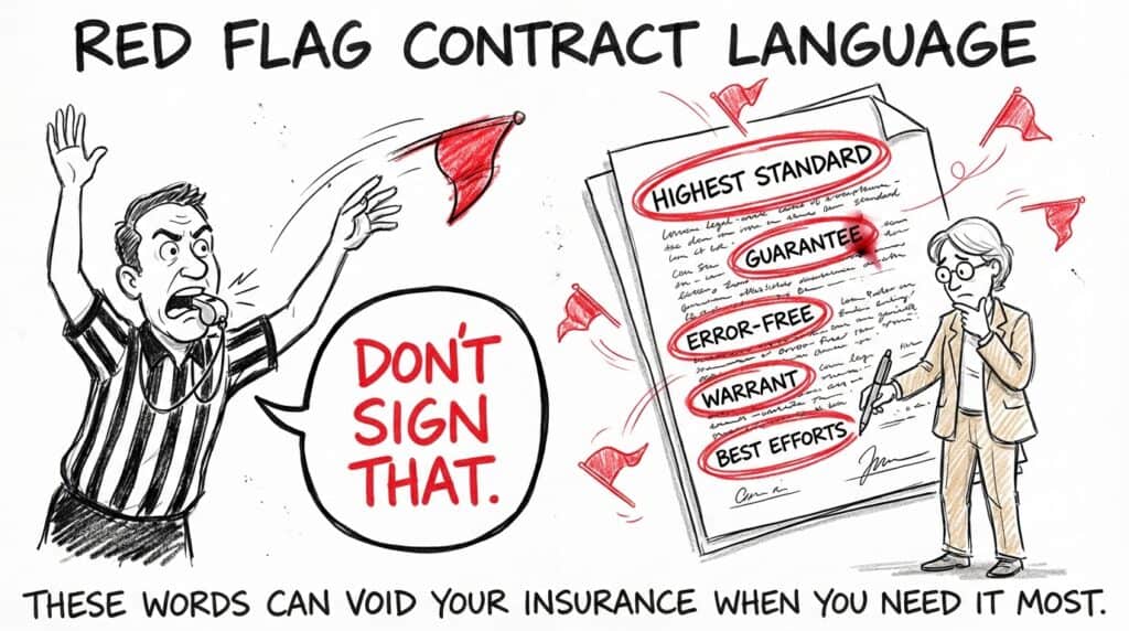 Sketch of a referee throwing red flags at a contract with dangerous terms like guarantee and error-free that can elevate standard of care and void architect professional liability insurance. 