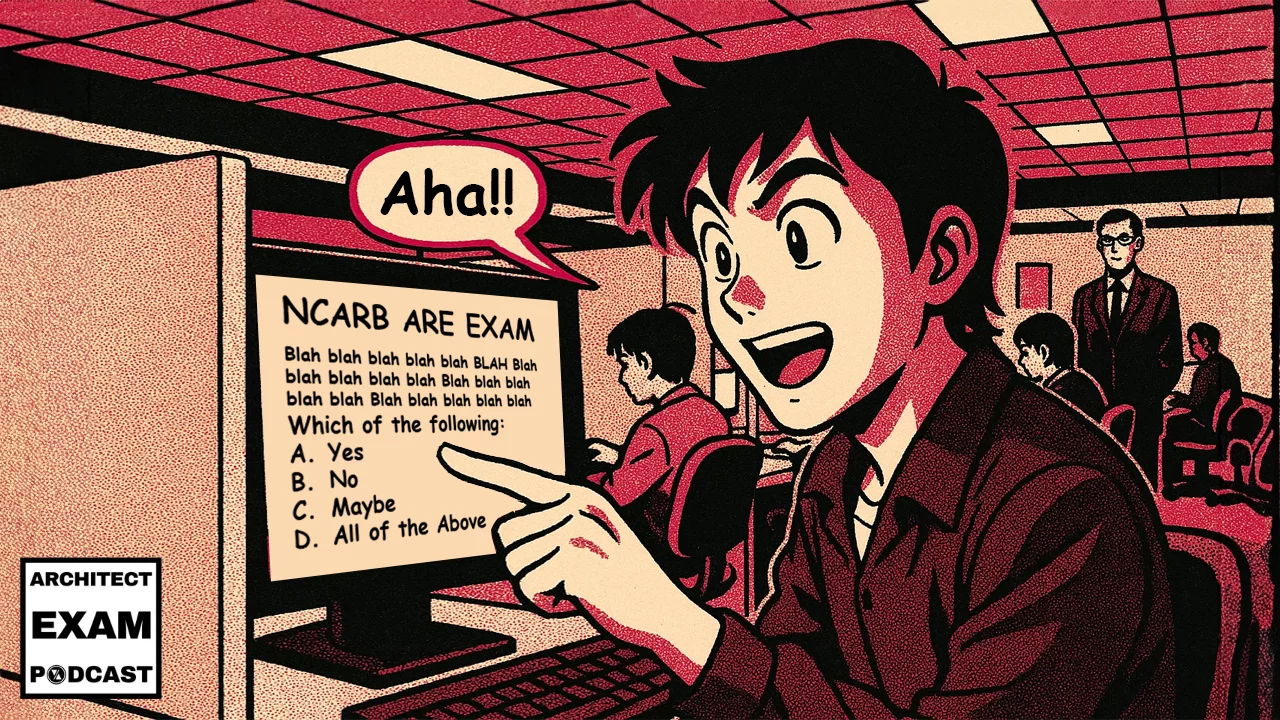 ARE exam questions on NCARB testing screen with candidate having breakthrough moment