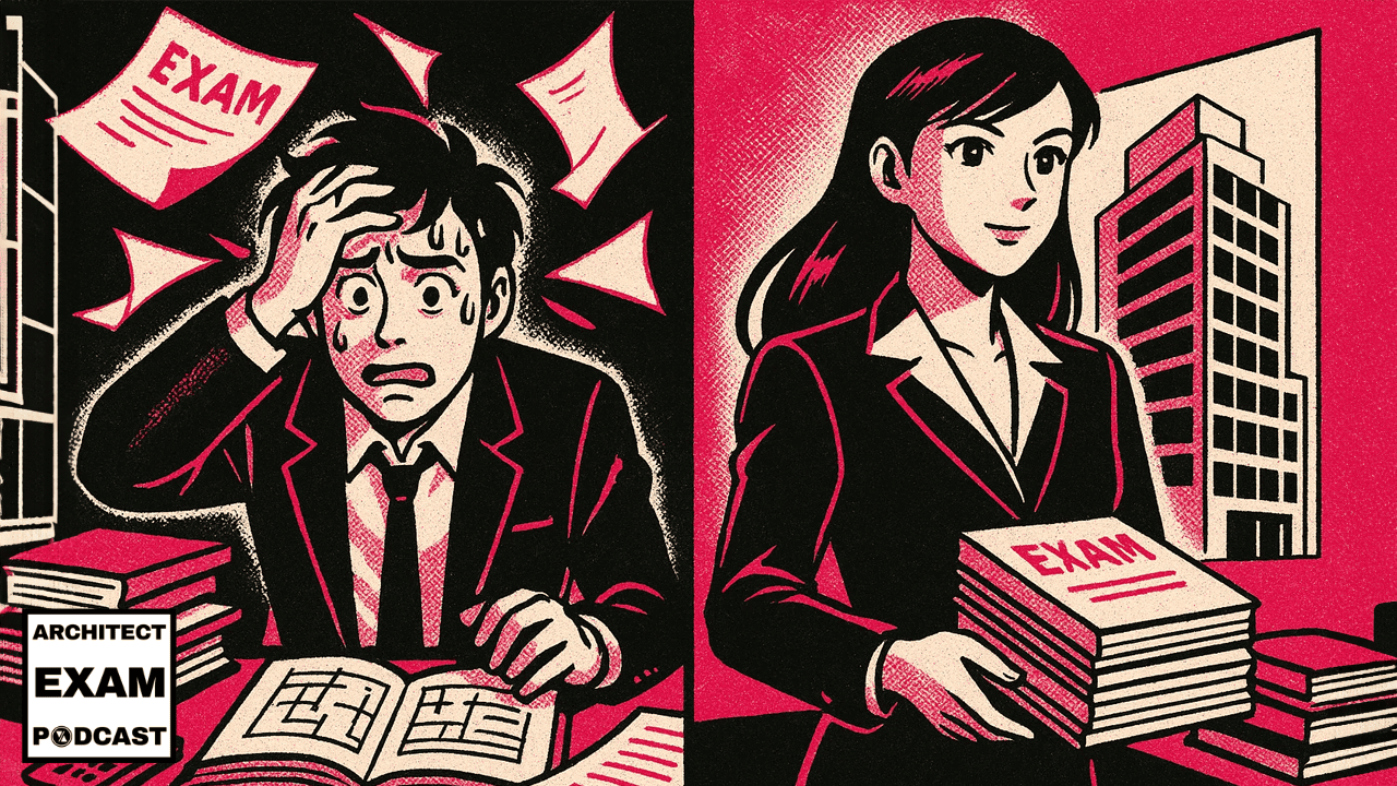 Side-by-side of stressed and confident exam takers, illustrating the impact of choosing the best ARE 5.0 test order for success.