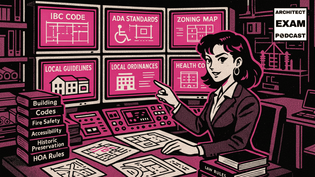 Architect monitors building codes and regulations across ADA, zoning, IBC, and local ordinances on multiple screens in a control room.