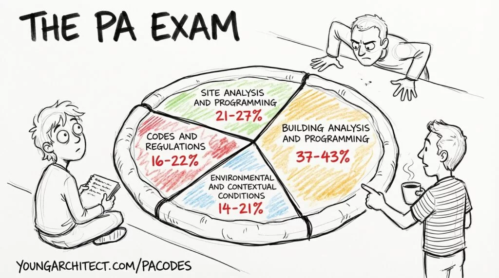 Hand-drawn pie chart showing the four PA exam sections and their percentage weights, with three architecture students studying around a pizza pie diagram. 