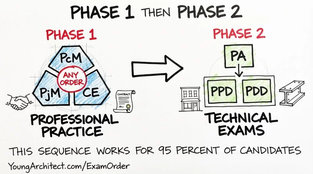 Sketch showing the best ARE 5.0 test order with Phase 1 professional practice exams PcM PjM CE in any order, then Phase 2 technical exams PA followed by PPD and PDD. 