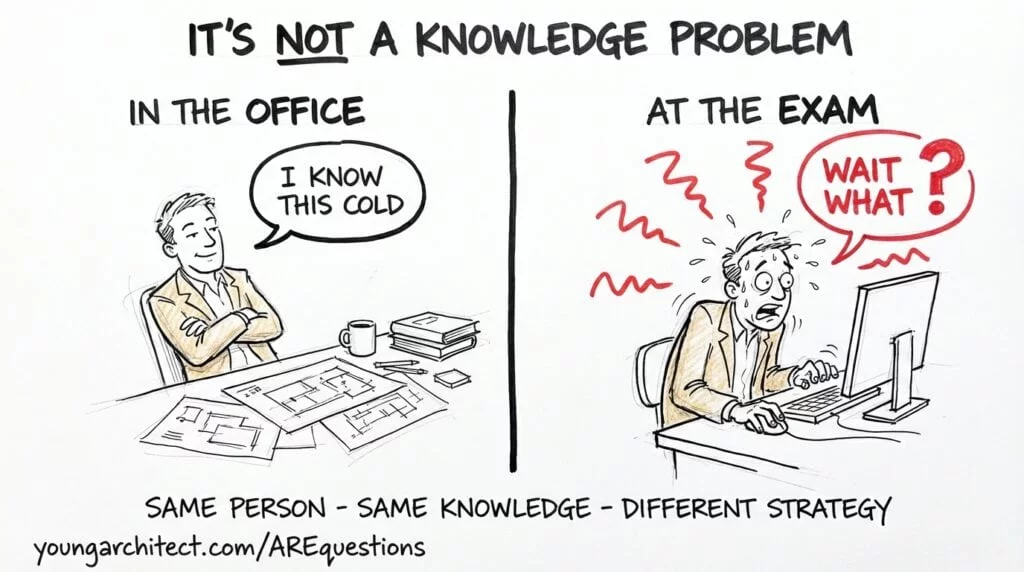 Hand-drawn two-panel sketch showing the same architect confident in the office versus panicking at the ARE exam, illustrating that test taking strategies matter as much as knowledge. 