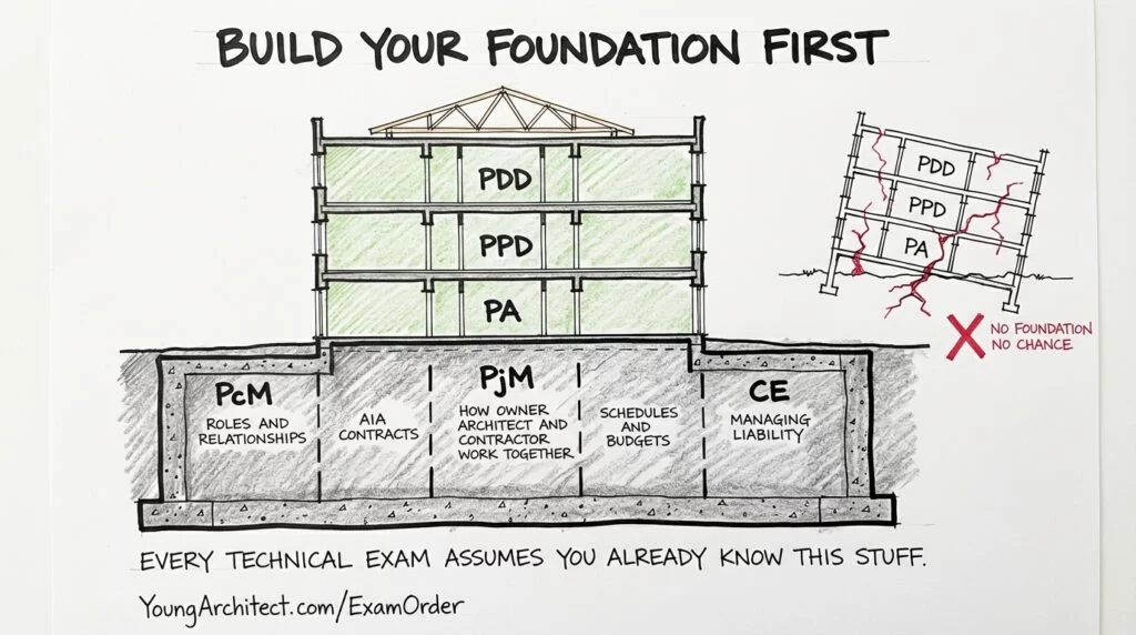 Architectural cross-section sketch showing PcM PjM and CE as the foundation supporting technical ARE 5.0 exams PA PPD and PDD above, with a cracking structure beside it showing what happens without foundation knowledge. 