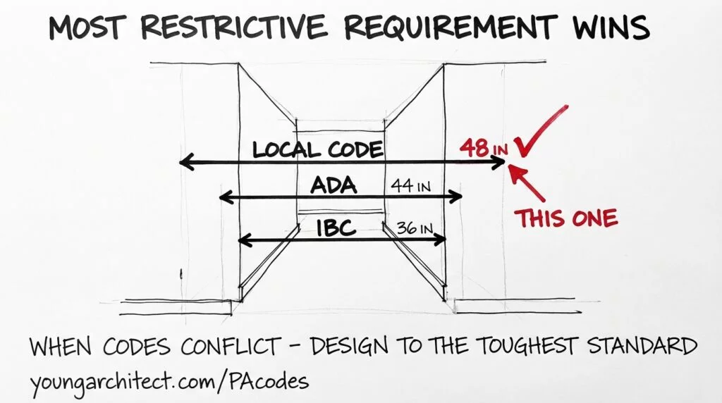 Hand-drawn corridor diagram showing IBC, ADA, and local code width requirements, illustrating that building code compliance means designing to the most restrictive standard. 