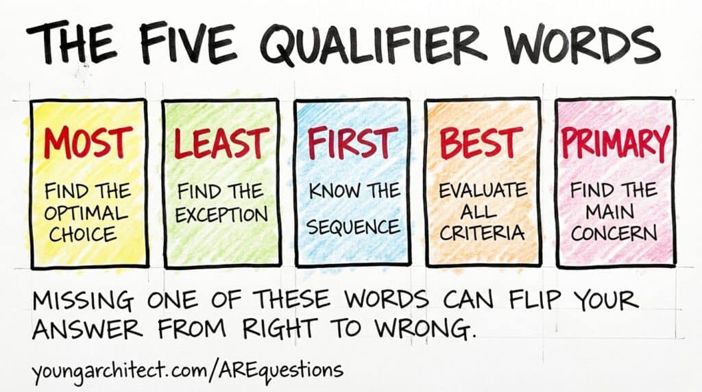 Hand-drawn chart showing the five qualifier words MOST, LEAST, FIRST, BEST, and PRIMARY with a one-line description of what each tests on ARE exam questions. 