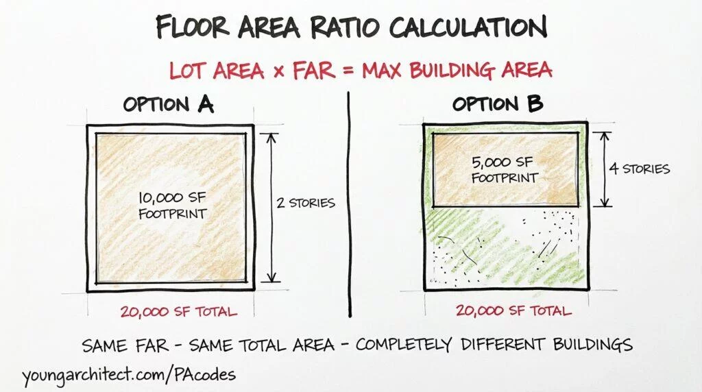 Hand-drawn diagram showing two floor area ratio calculation scenarios on the same lot, comparing a two-story full-coverage building to a four-story half-coverage building with identical total square footage. 