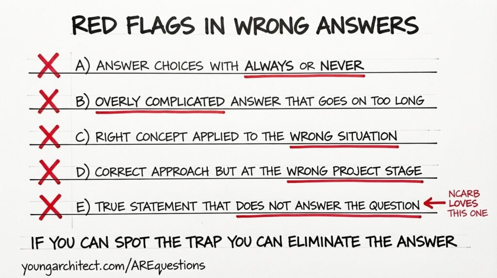 Hand-drawn checklist showing five red flag patterns in wrong answer choices, with each one marked with a red X as a multiple choice strategy for eliminating incorrect options. 