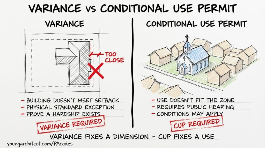 Hand-drawn two-panel comparison showing a zoning variance for a building too close to a property line versus a conditional use permit for a church in a residential zone. 