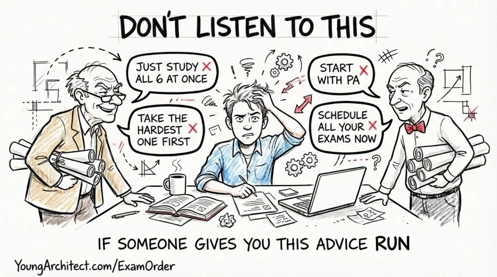 Sketch of two older architects giving bad ARE exam prep advice like study all six at once and start with PA to an annoyed young candidate studying at a desk. 