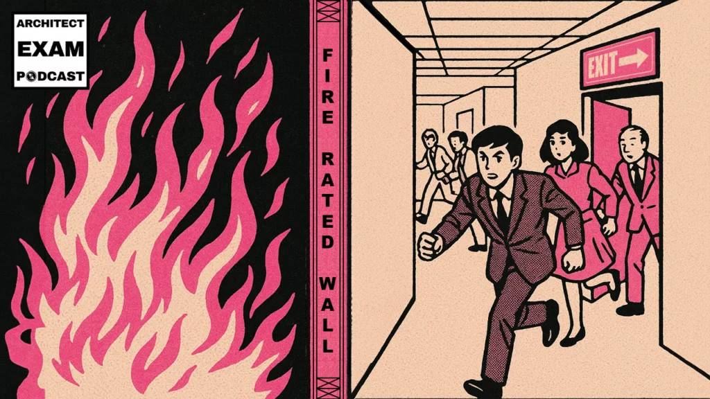 Office workers evacuate past a fire rated wall as flames rage behind, emphasizing life safety through rated wall assemblies.