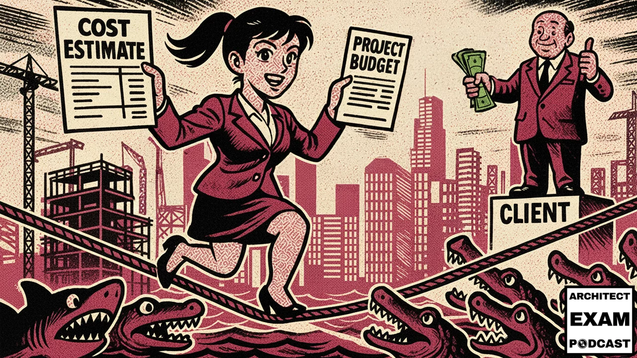 Architect walks a tightrope between cost estimate and project budget, symbolizing the challenge of accurate construction cost estimates